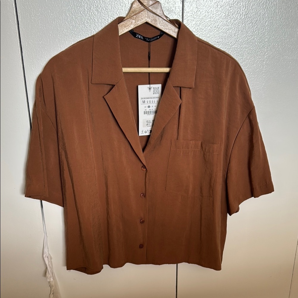 Zara Brown Short Sleeve Button Down Shirt